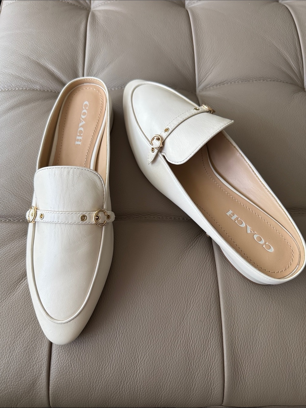 New Coach Cream Leather Slip-On Mule with Gold Hardware size 10